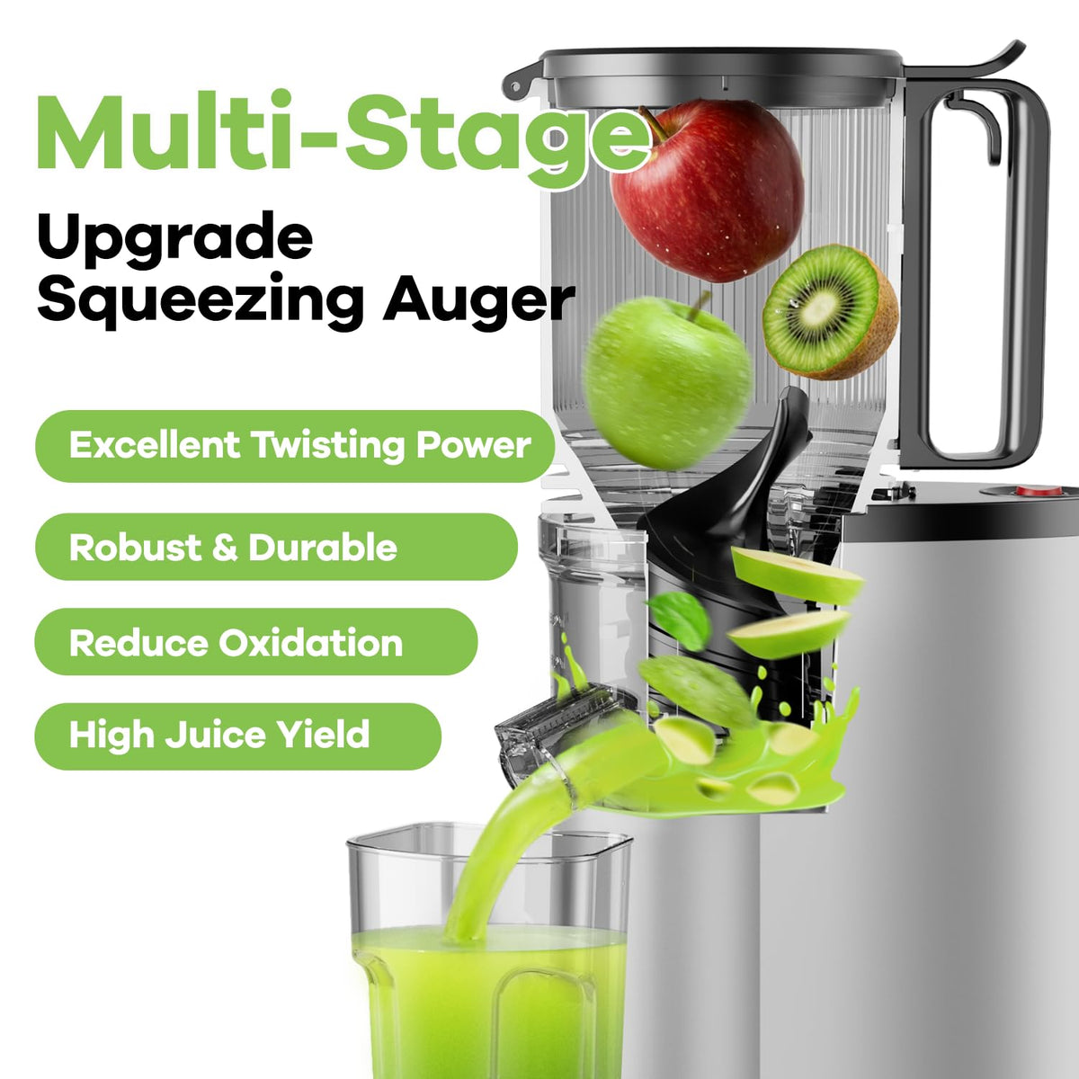 Reverse mechanism helps clear clogs on EanOruus juicer.