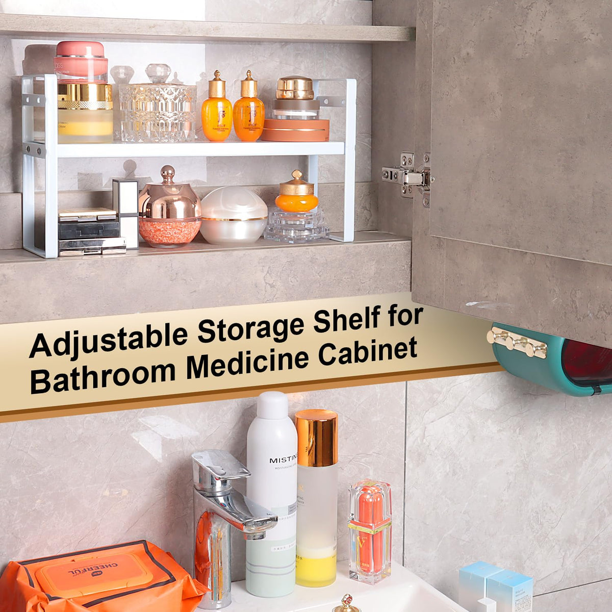 EAROND adjustable-height bathroom shelf adapts to item height.