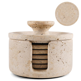 EARTHEN CRAFTS travertine coaster set with holder lid protects surfaces during drinks
