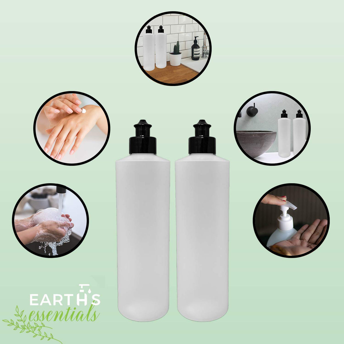 Earth's Essentials push-pull cap close-up on a squeeze bottle.