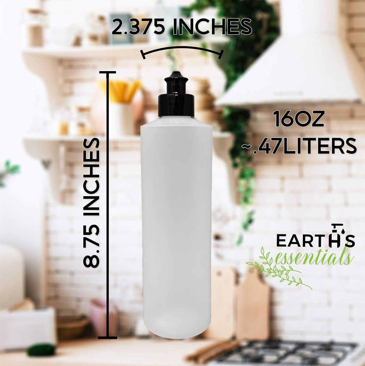 Earth's Essentials translucent bottle showing liquid level at a glance.