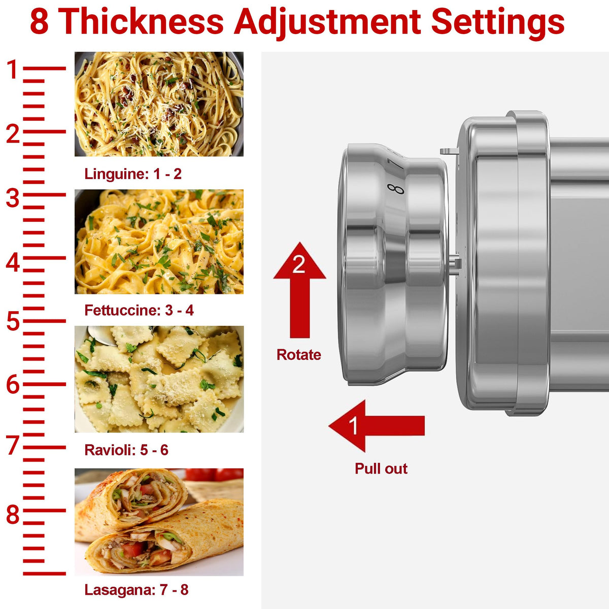 Eascandy all-metal pasta attachment fettuccine cut creates delicate strands quickly.