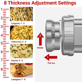 Eascandy all-metal pasta attachment fettuccine cut creates delicate strands quickly.
