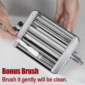 Eascandy all-metal pasta attachment linguine cut produces ribbon-like strands.