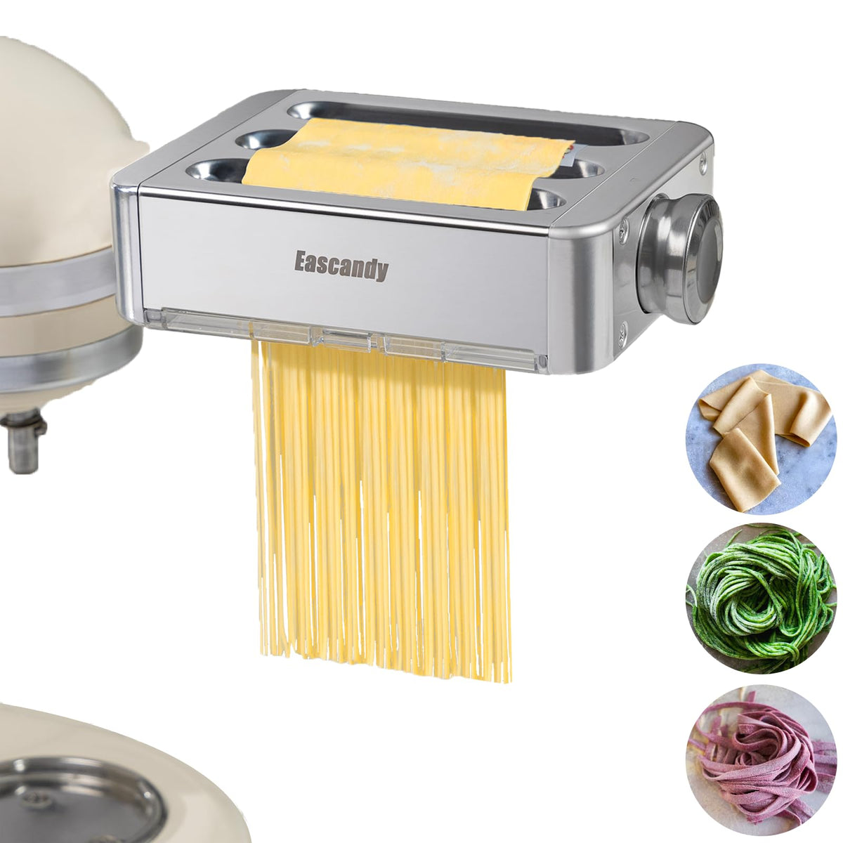 Eascandy all-metal pasta attachment roller enables smooth dough sheets for versatile pasta.