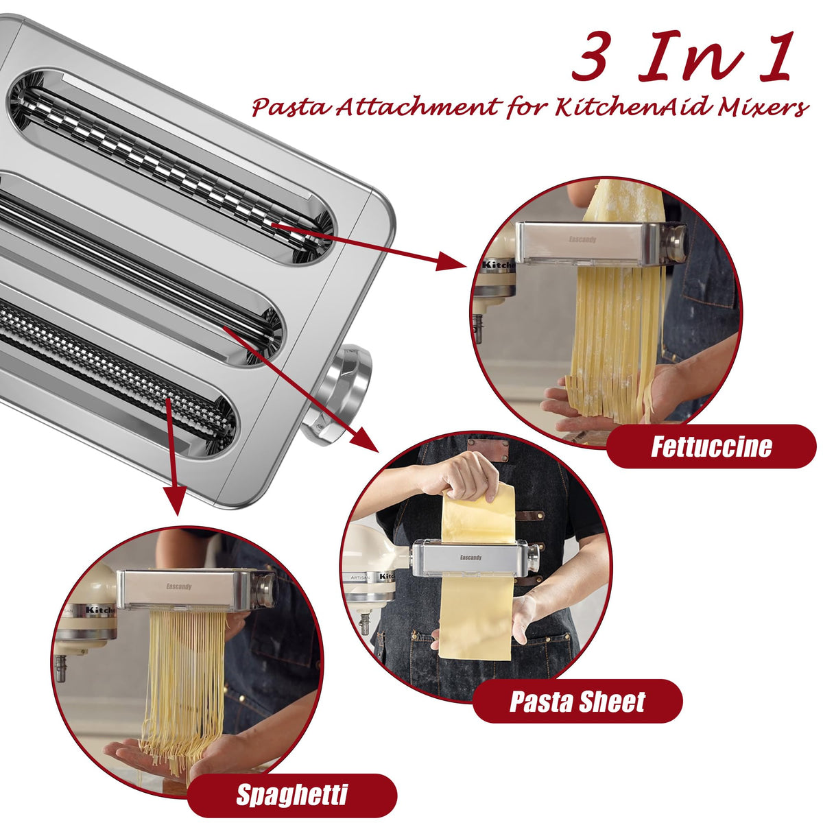Eascandy all-metal pasta attachment sheets delivers consistent sheet thickness for recipes.