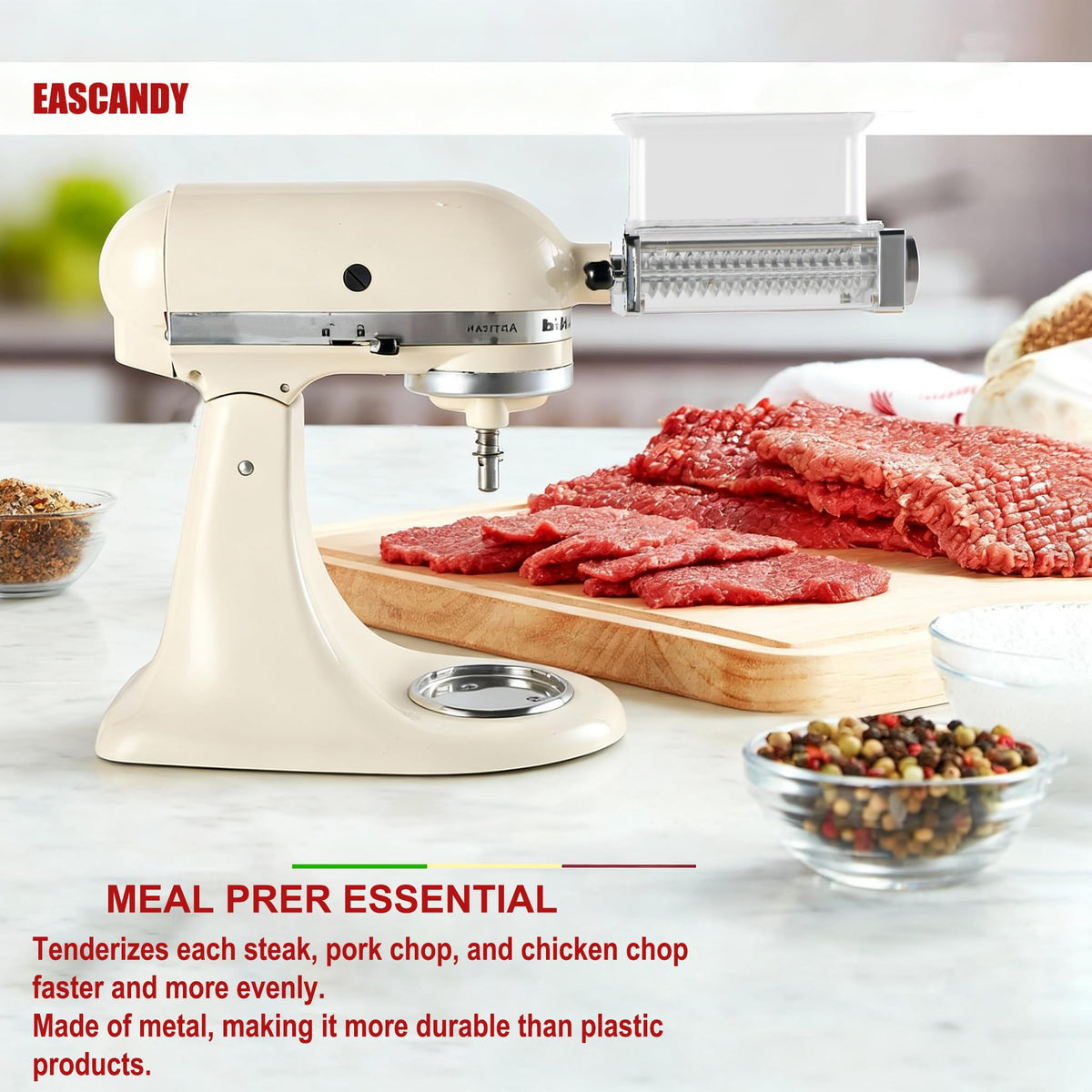 Eascandy meat tenderizer in action tenderizes thick cuts.