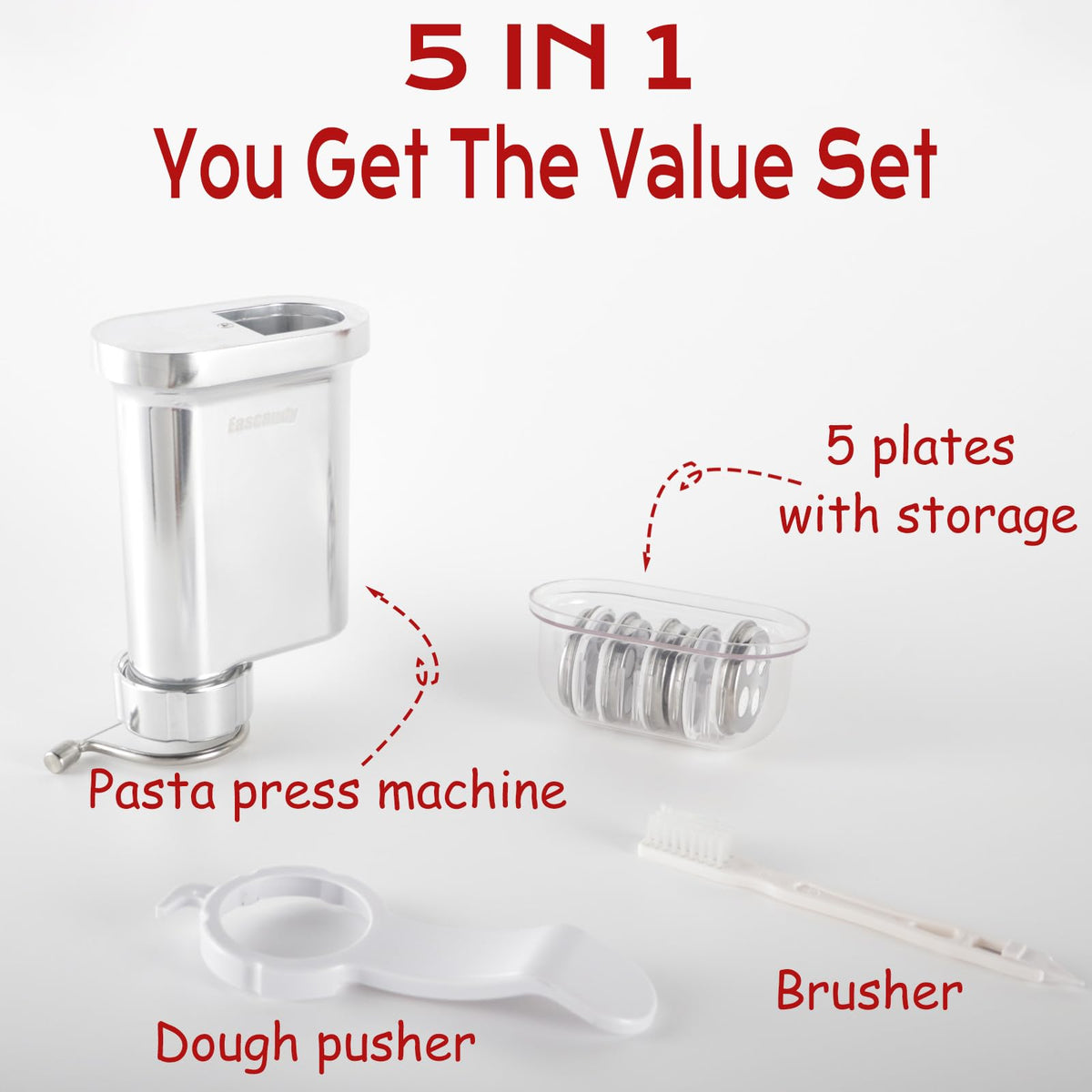 Eascandy Pasta Press cleaning tool aids quick dough removal from plates.