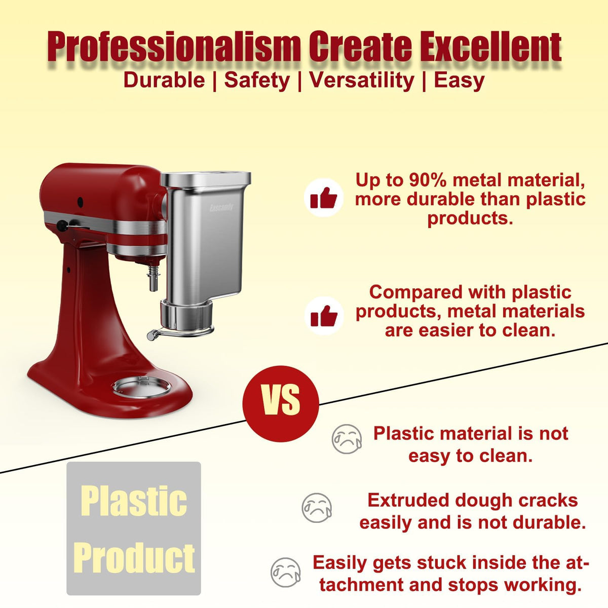 Eascandy Metal Gourmet Pasta Press side view demonstrates ergonomic design for easy operation.