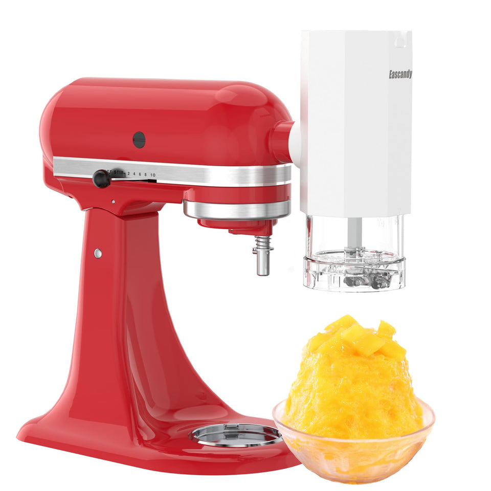 Eascandy shaved ice attachment on KitchenAid creates fluffy, snow-like ice for tropical desserts.