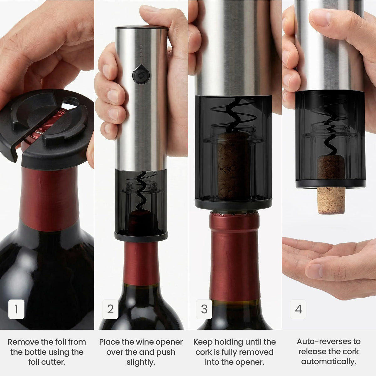 Easeity rechargeable wine opener showing battery and charging feature