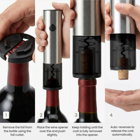 Easeity rechargeable wine opener showing battery and charging feature