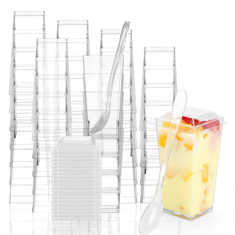 EASERCY 50-pack 3 oz square cups with lids and spoons for party prep