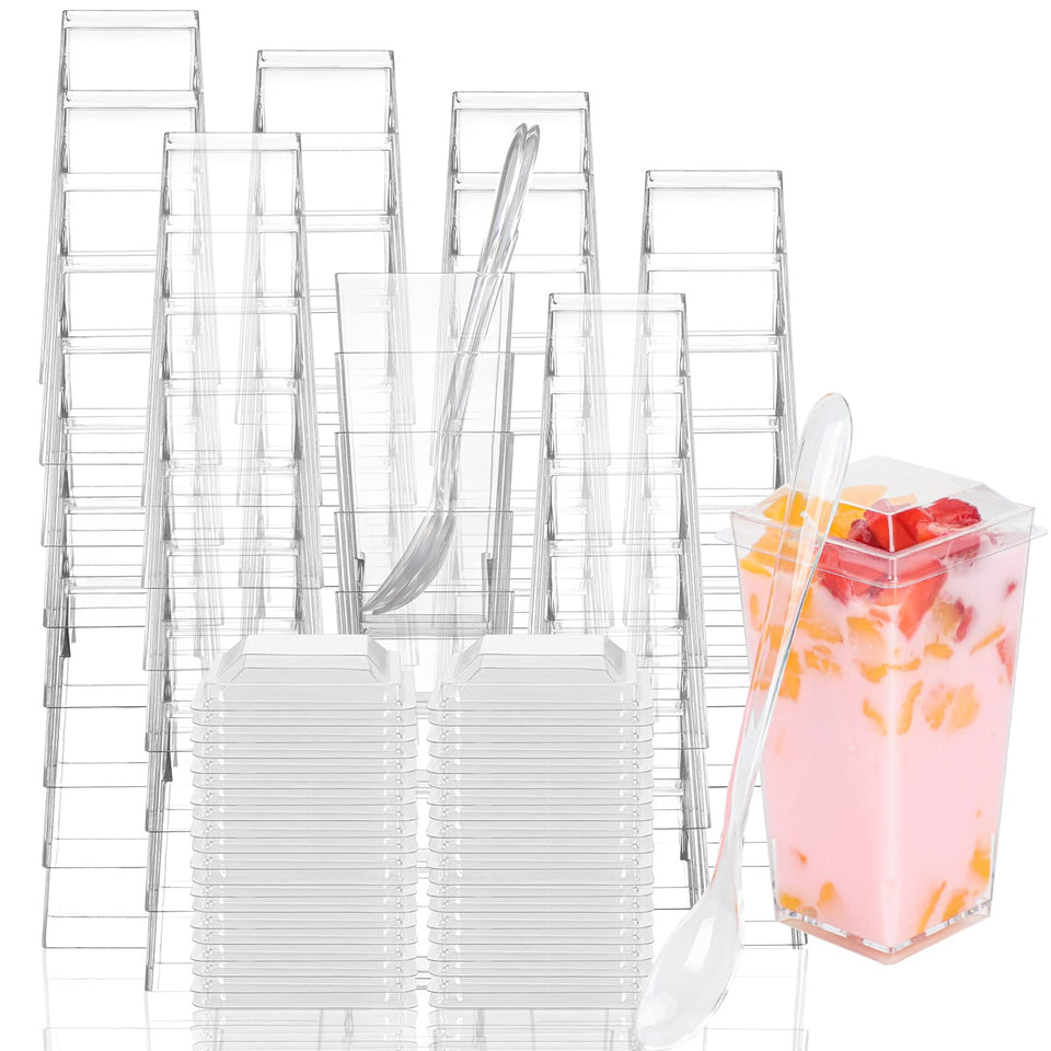 EASERCY mini dessert cups with lids and spoons for party servings and easy cleanup.