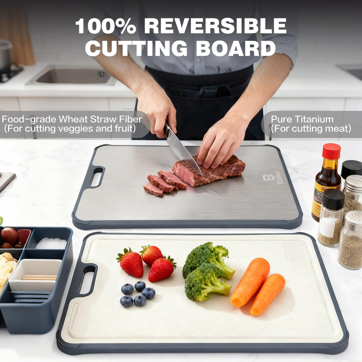 Easierr cutting board with juice groove keeps counters clean