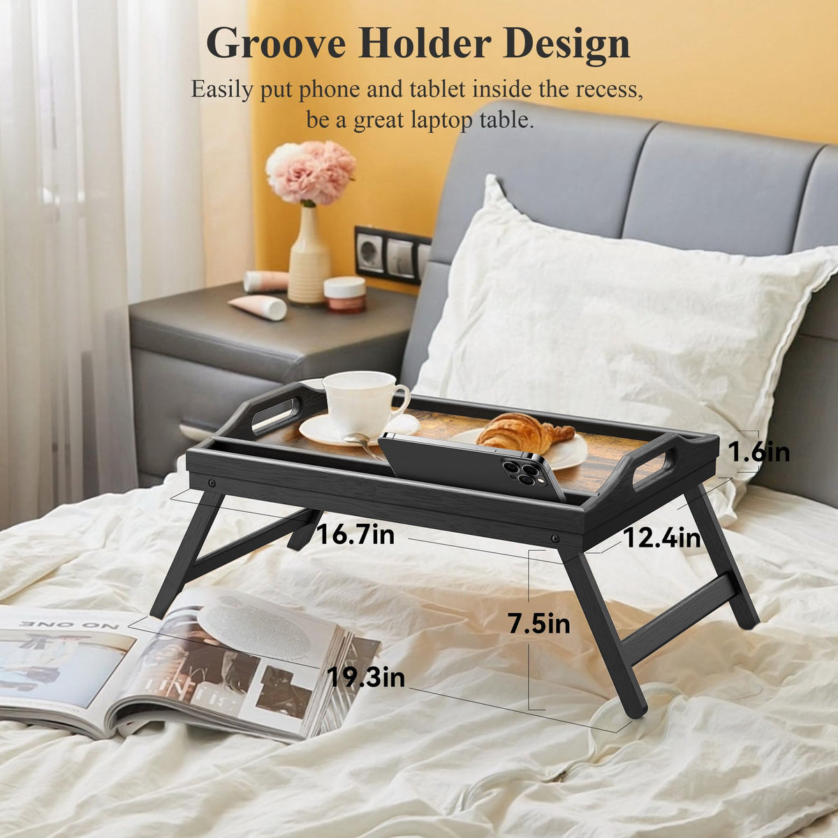Easoger bed tray showing carrying handles for portable use indoors or outdoors.