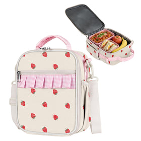 Easozoom Strawberry lunch bag with front pocket for utensils, ideal for school meals.