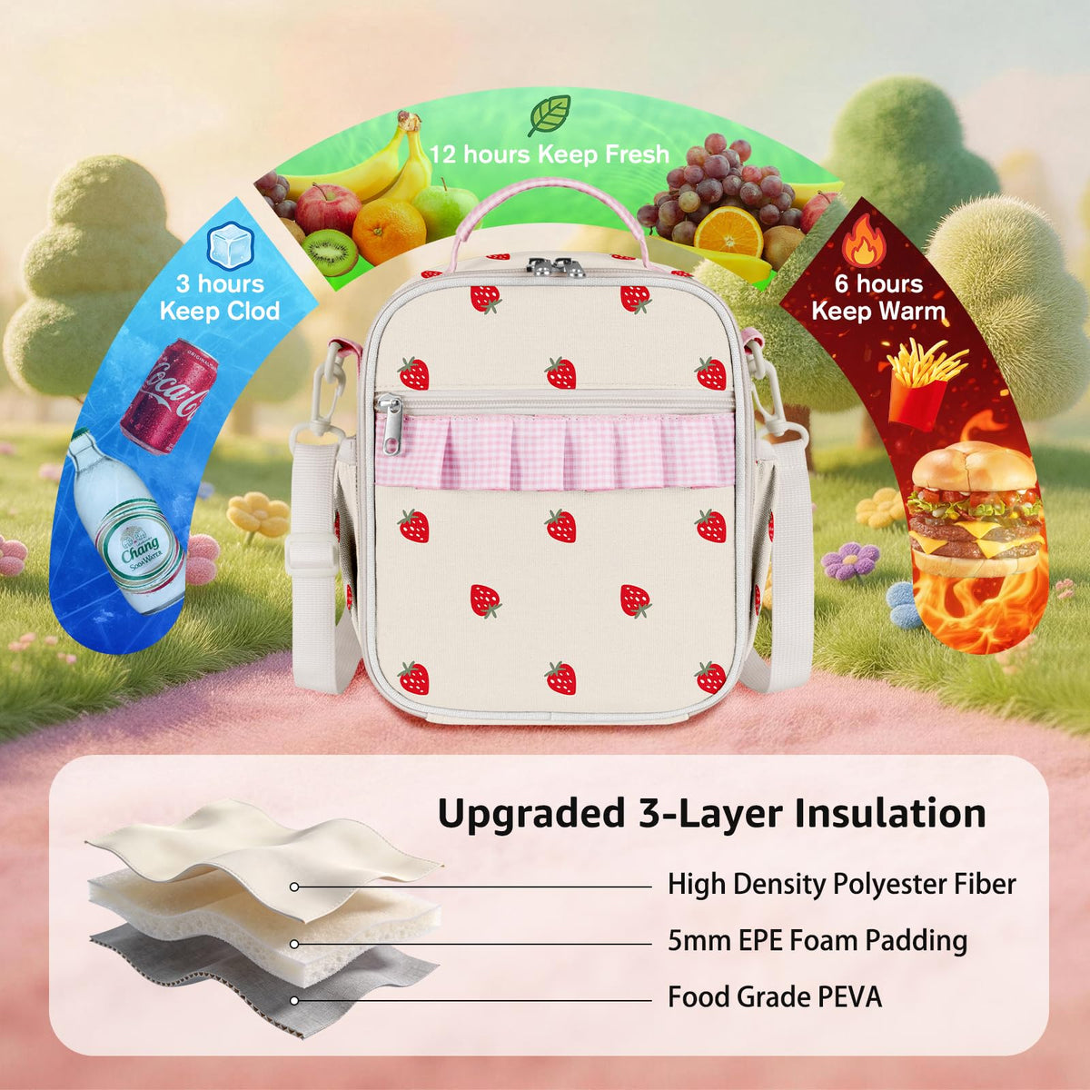 Easozoom Strawberry lunch bag spacious interior, fits standard lunchbox and snacks.