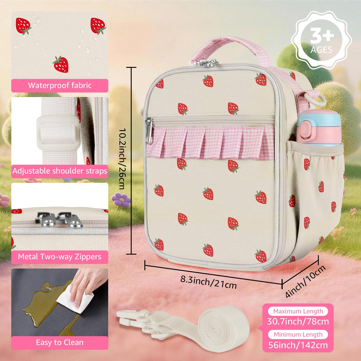 Easozoom Strawberry lunch bag strap detail, adjustable shoulder strap for versatile carrying.