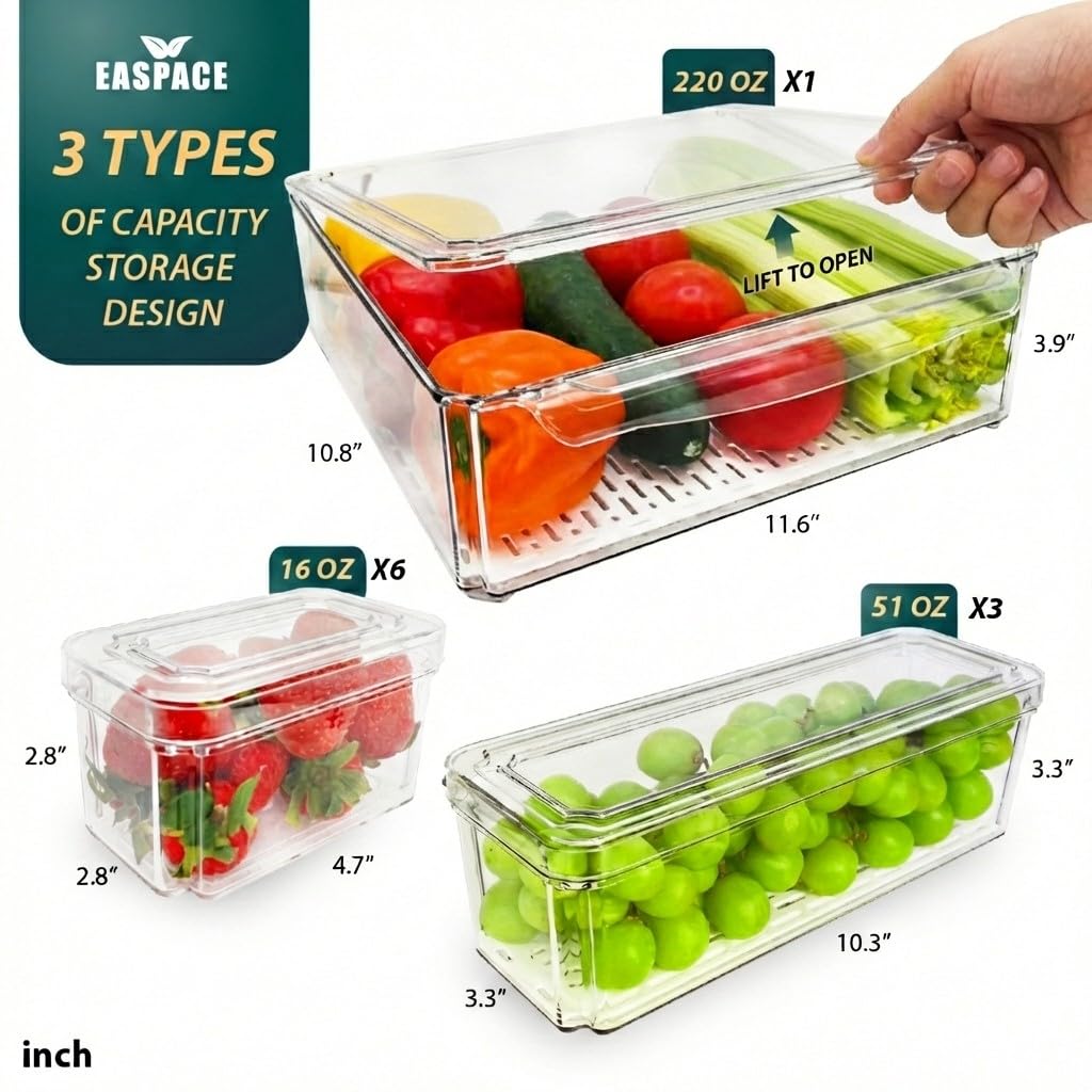 EASPACE medium 51oz fridge bin with lid for organized snack storage.