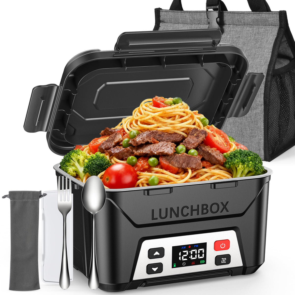 EAST OAK cordless electric lunch box with lid open for quick access to hot meals.