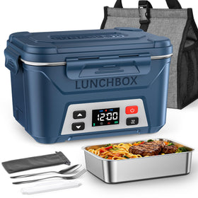 EAST OAK heated lunch box in classic blue with full setup for convenient meals on the move.