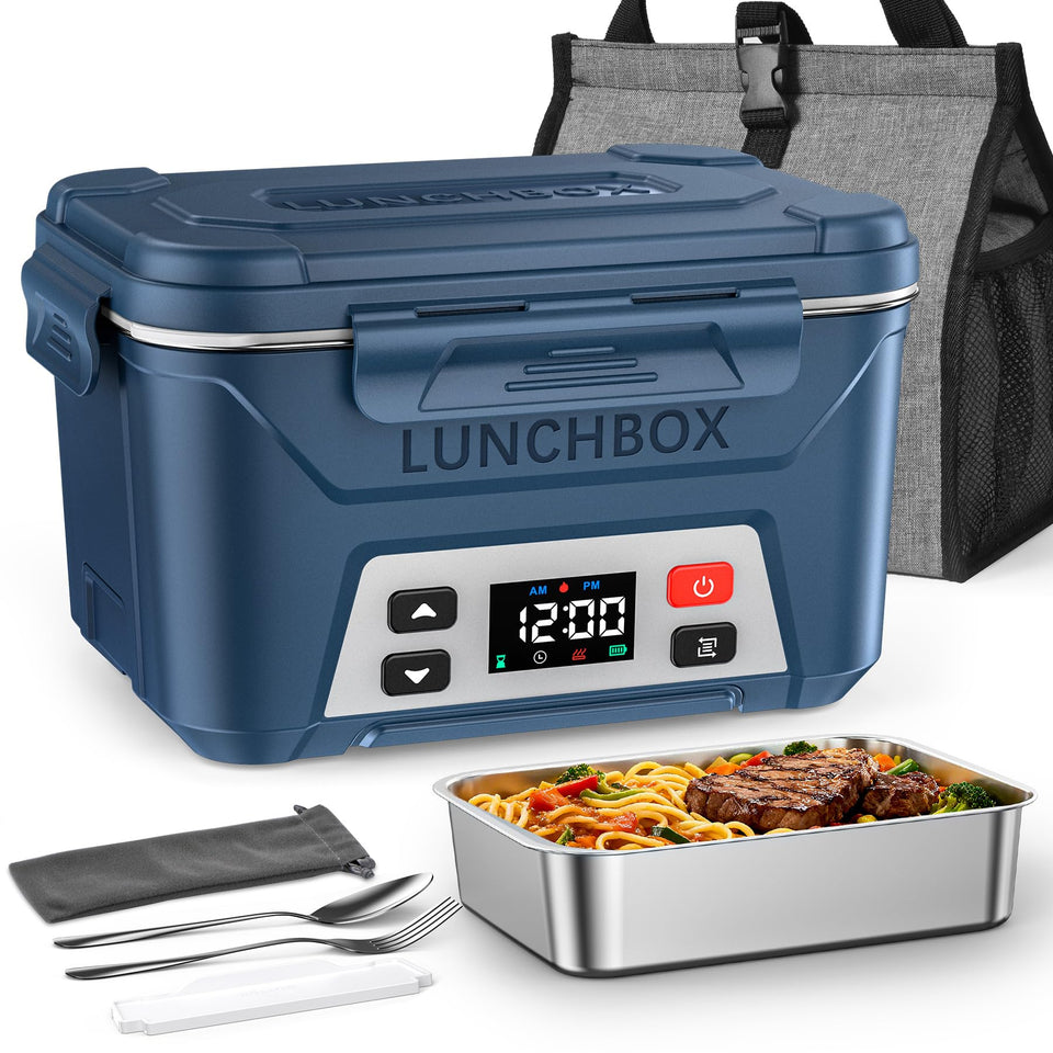 EAST OAK heated lunch box in classic blue with full setup for convenient meals on the move.