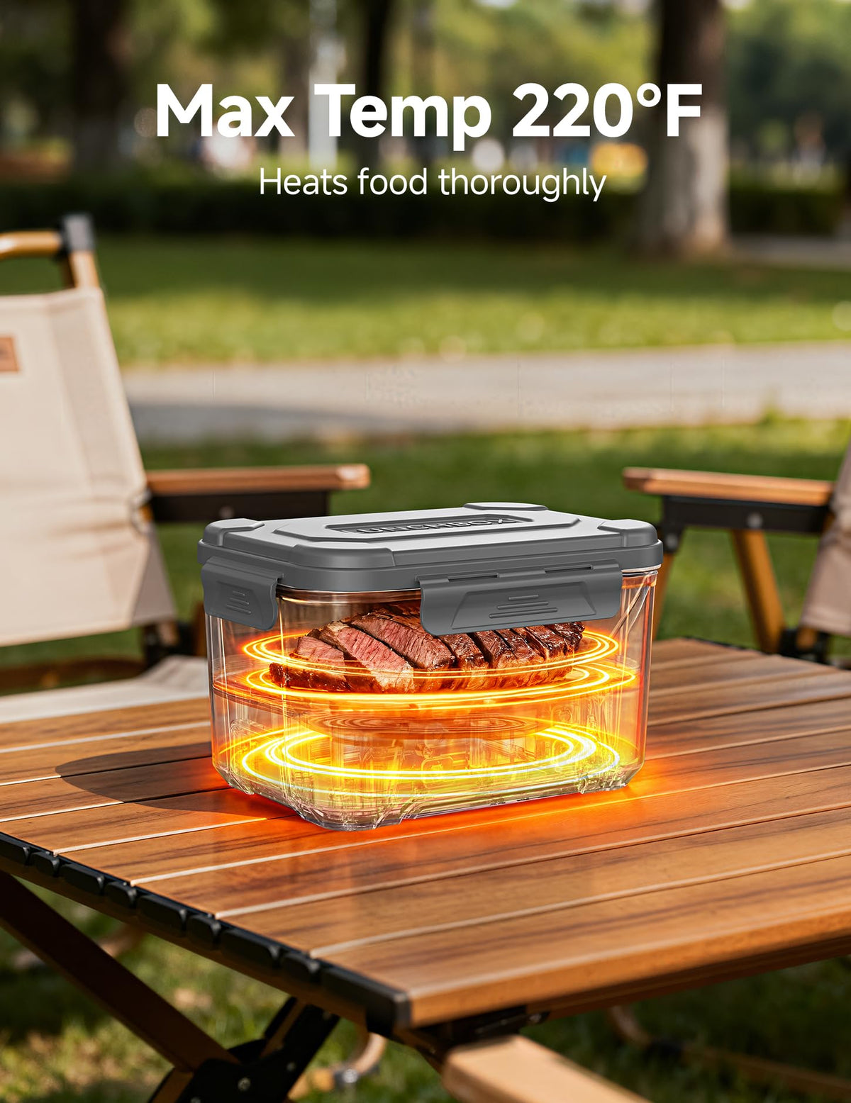 East Oak lunch box in use demonstrates convenient wireless heating on the go.