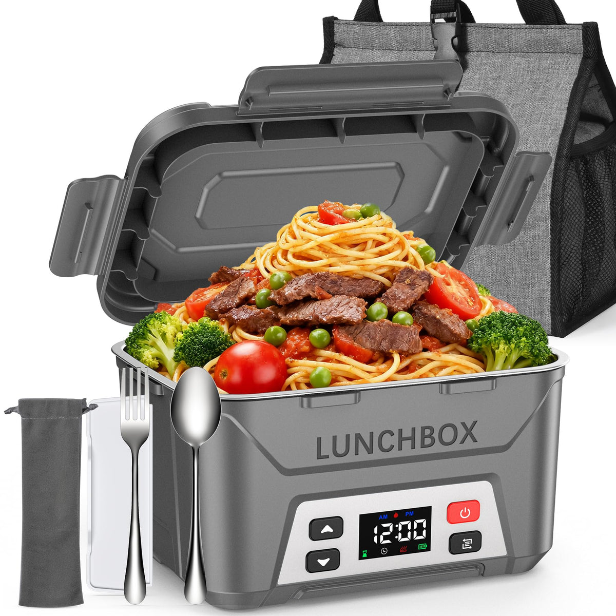 East Oak heated lunch box battery display helps track power during commutes.