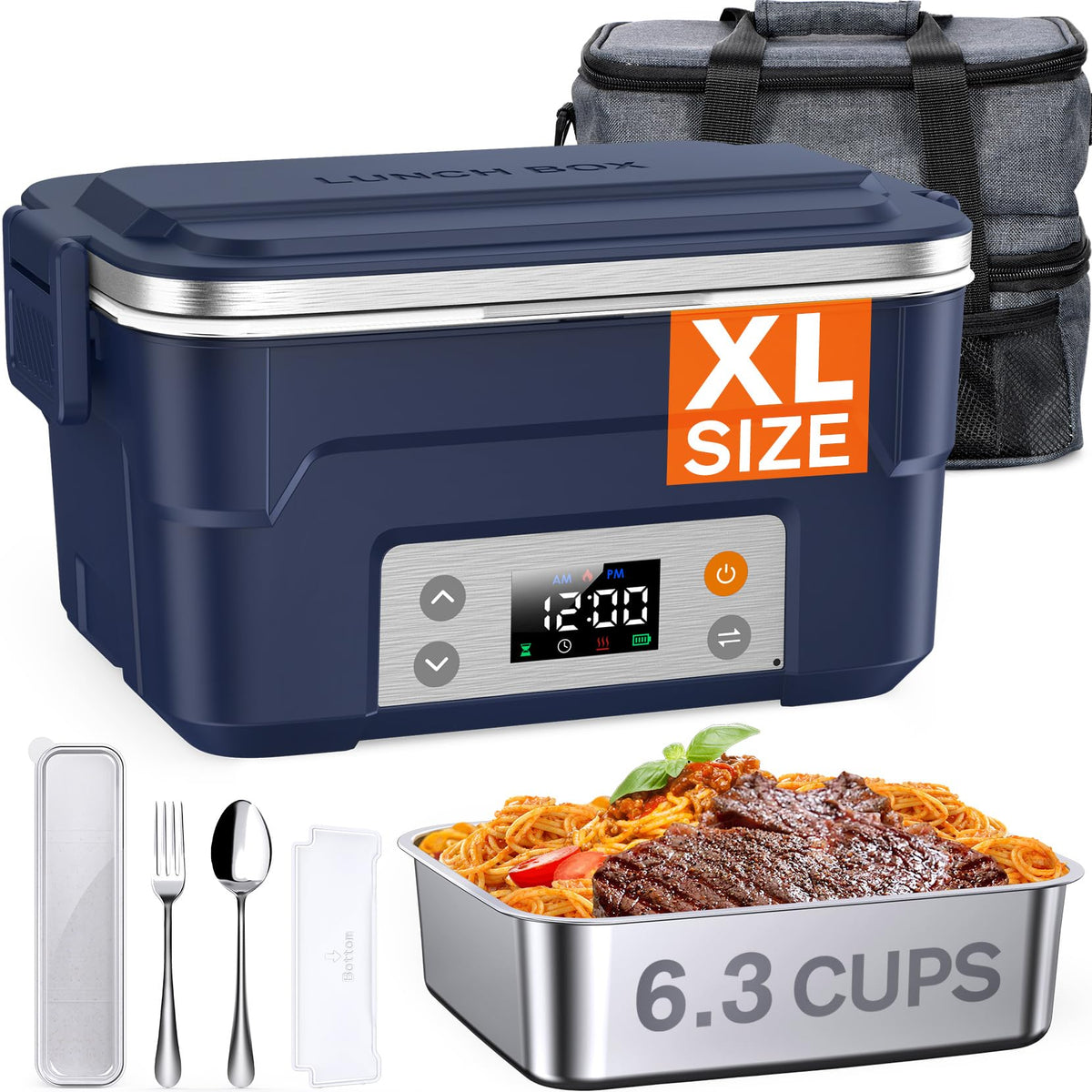 East Oak XL lunch box front view highlighting cordless heating for on-the-go meals.
