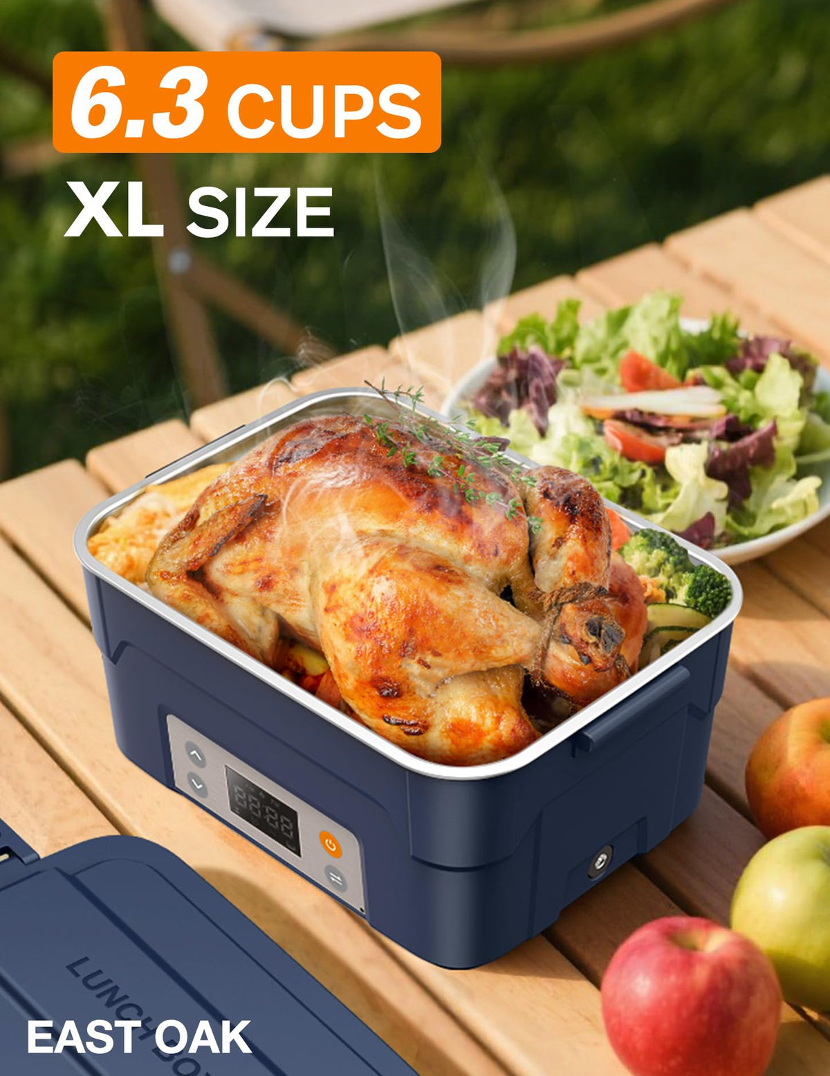 East Oak XL lunch box side view emphasizes two-tier bag design.