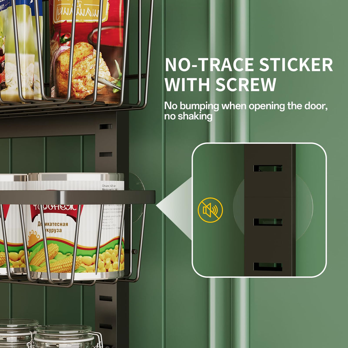Back-of-door kitchen rack frees cabinet space in small homes