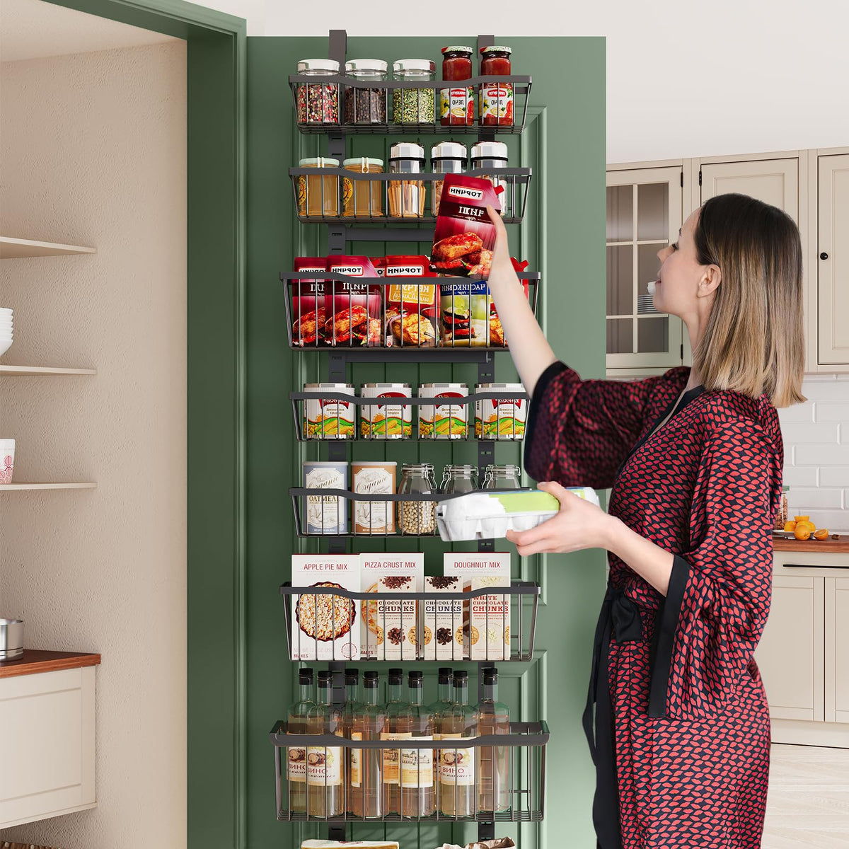 Compact pantry storage on door ideal for limited spaces