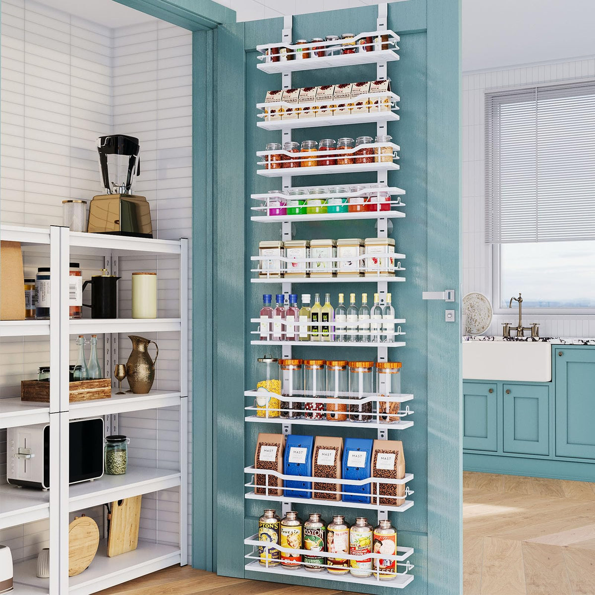 Eastherry over-the-door pantry organizer front view saving space.