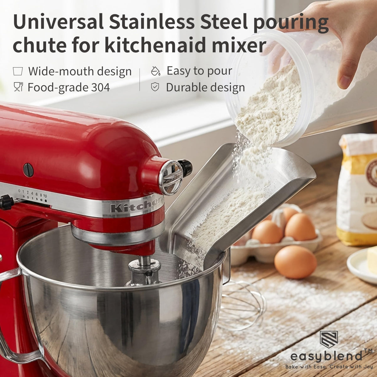 EasyBlend flour funnel guiding ingredients into the bowl for precision