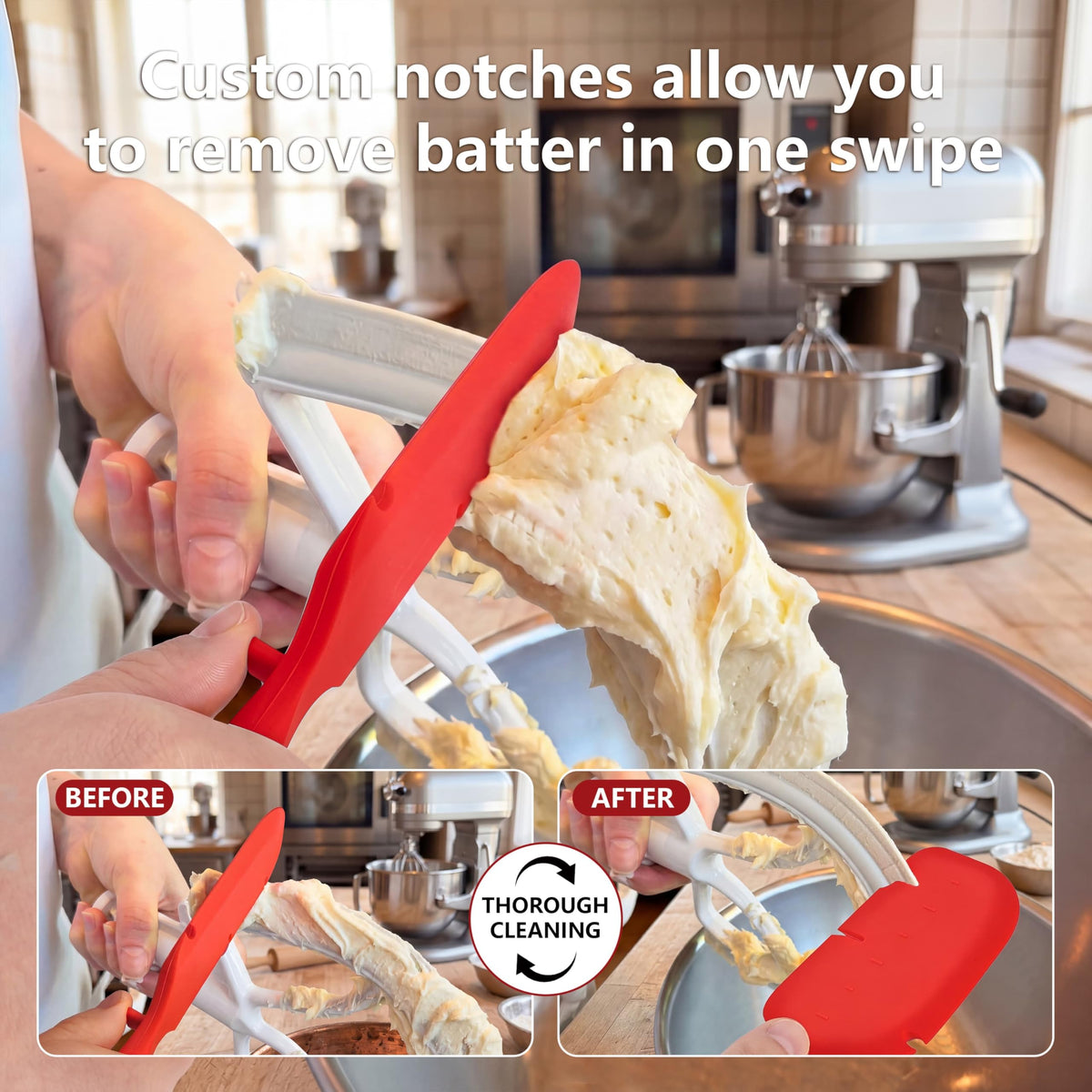 EasyBlend red silicone spatula with notched groove cleans beaters in one pass