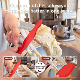 EasyBlend red silicone spatula with notched groove cleans beaters in one pass