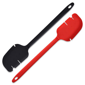 EasyBlend 12-inch red precision-notch spatula scraping batter from beaters for efficient cleanup.