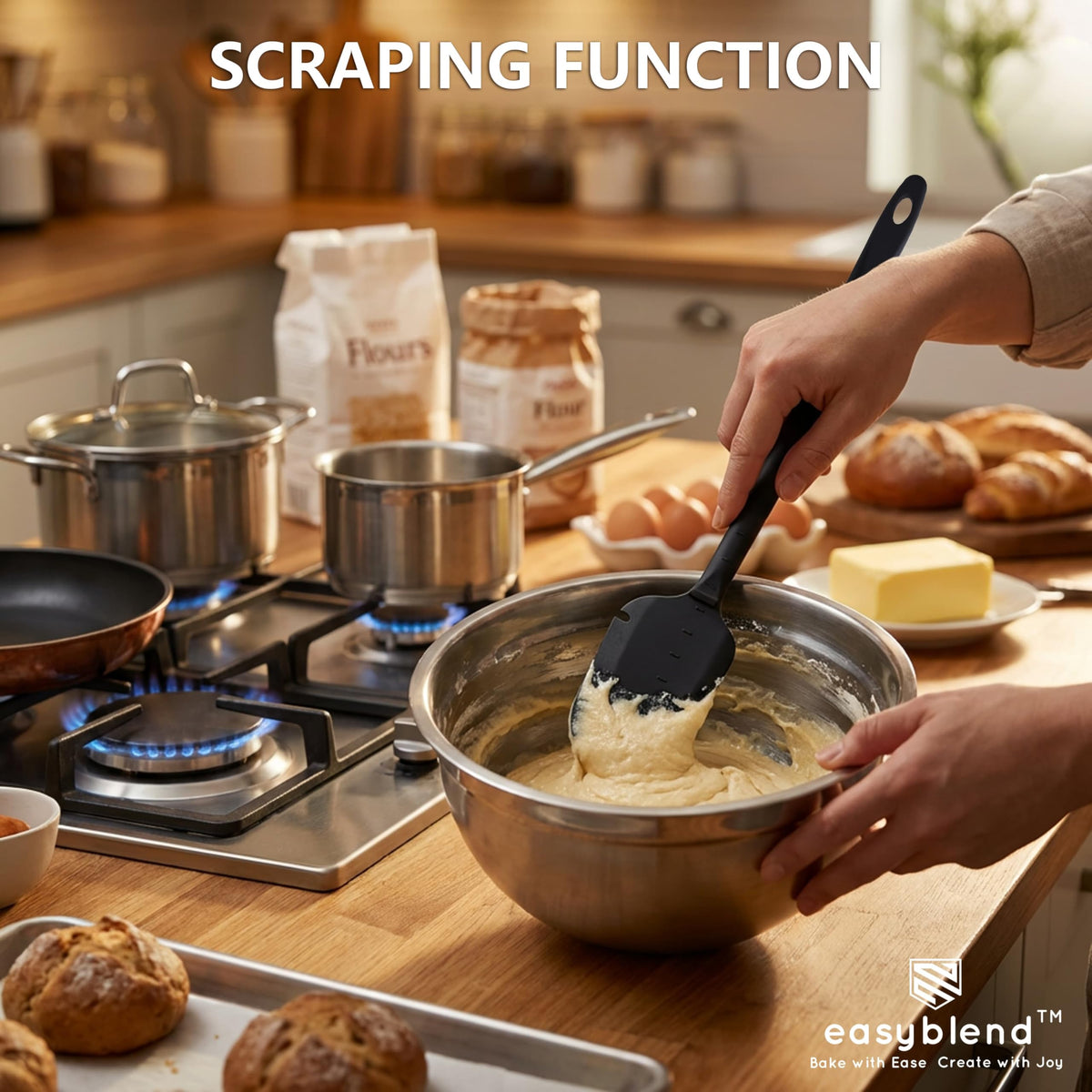 EasyBlend bowl-scrape spatula reduces batter waste during baking.