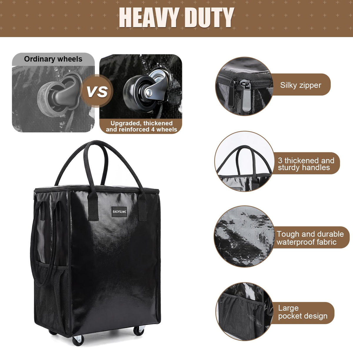 EASYSLWC tote bag side view showing four-wheel stability