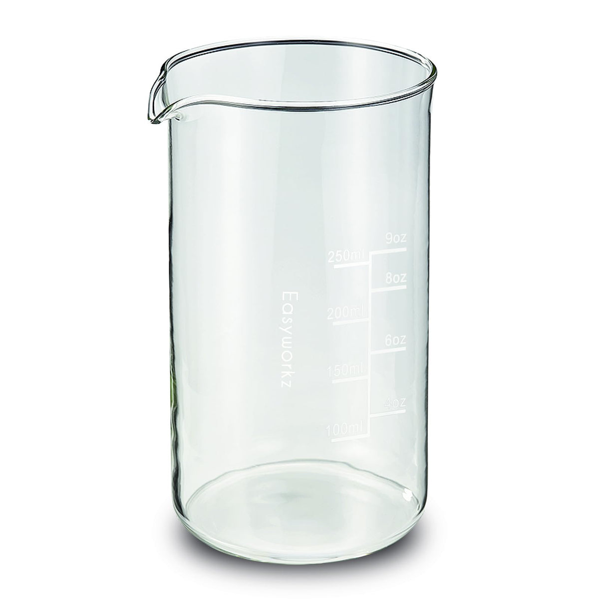 Easyworkz borosilicate glass beaker 12oz front view emphasizing reliable replacement and pour control