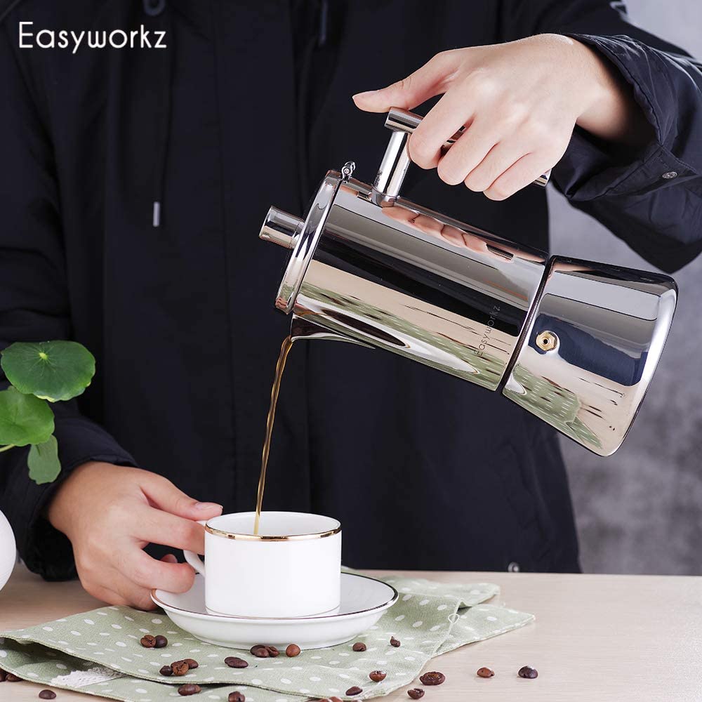 Four-cup capacity delivers rich espresso in a compact moka form.