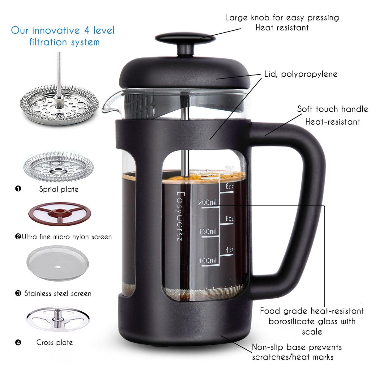 Easyworkz four-level-filtration delivers cleaner brew for coffee or tea.