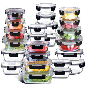 EATEX 48pc glass storage set with lids arranged for pantry organization.