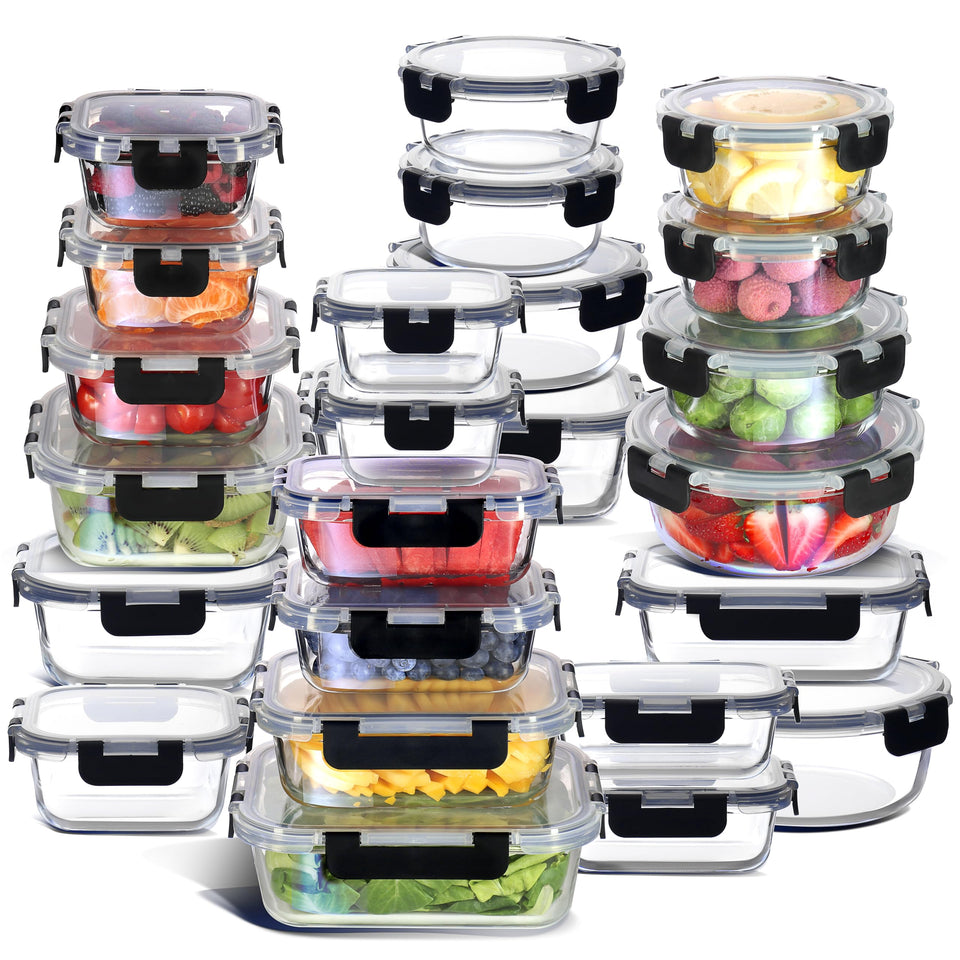 EATEX 48pc glass storage set with lids arranged for pantry organization.