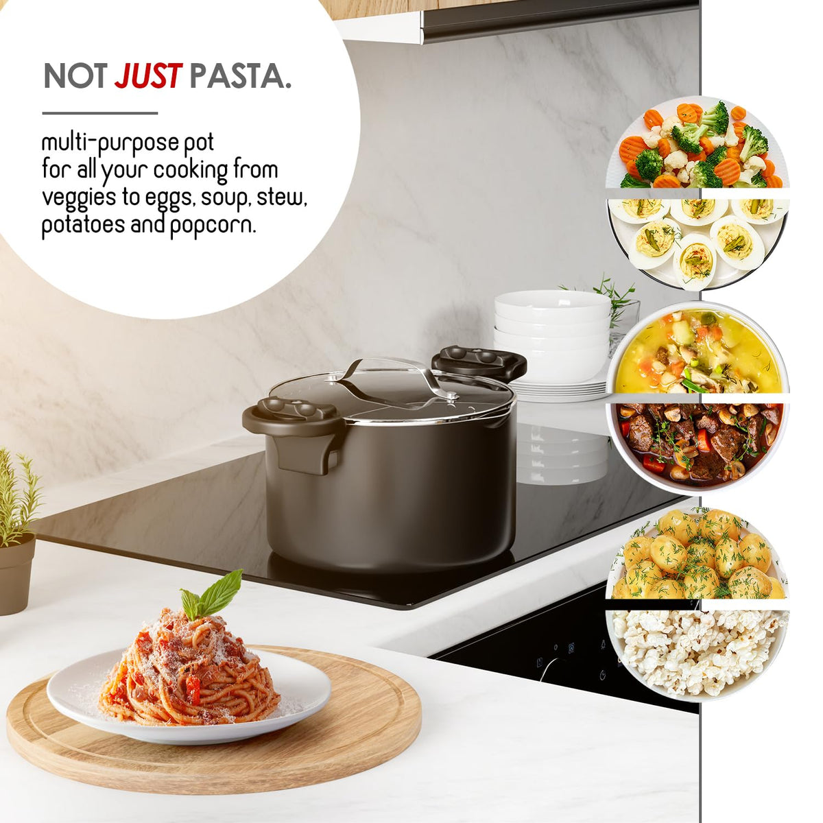 EATEX 5qt stock pot on stove, versatile for sauces and pasta