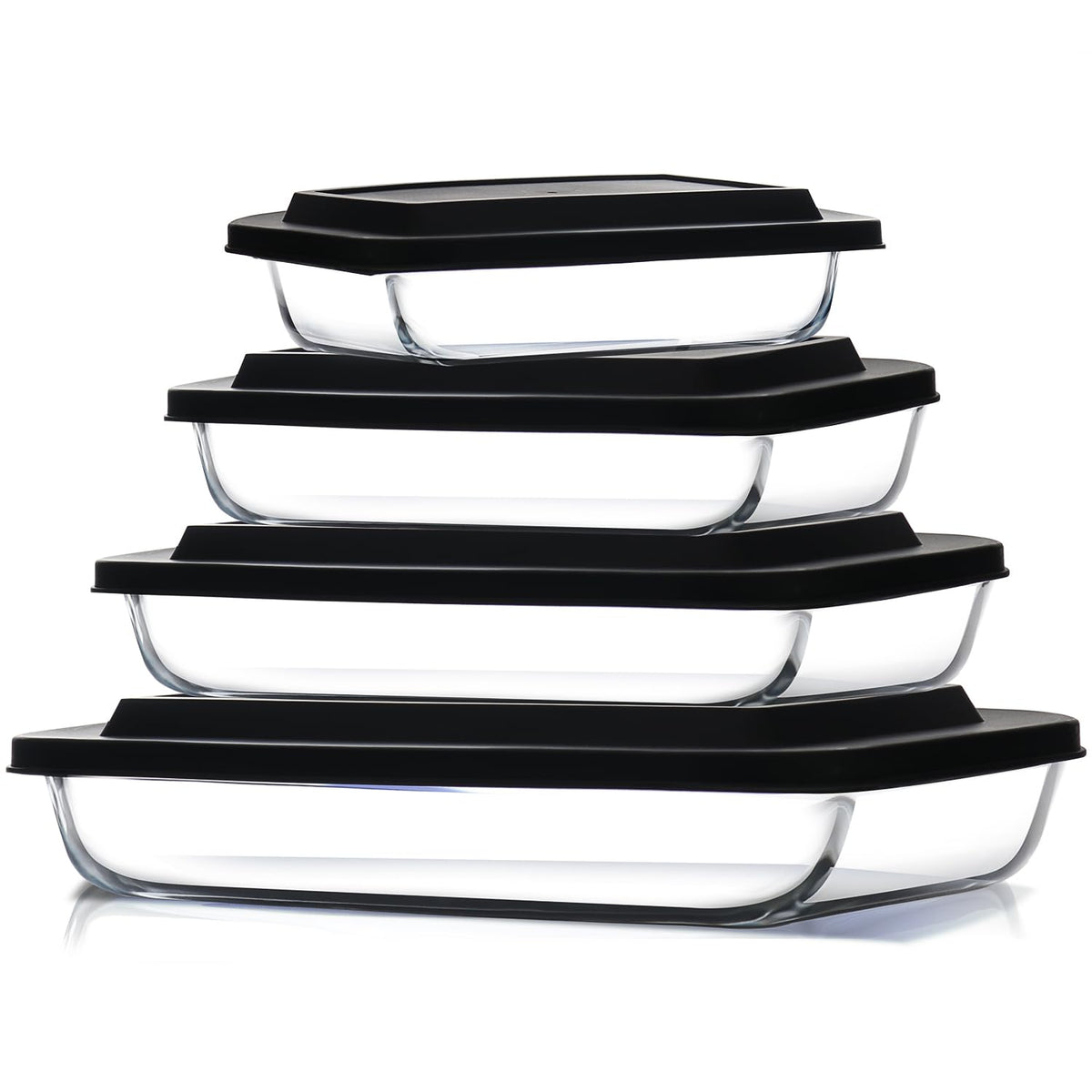 EATEX 8-piece deep glass casseroles stacked for compact storage.
