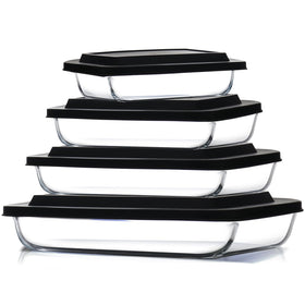 EATEX 8-piece deep glass casseroles stacked for compact storage.