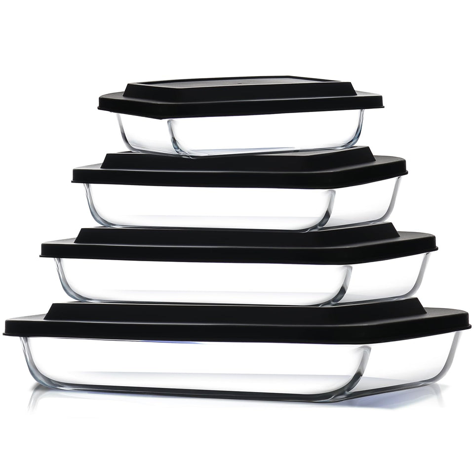 EATEX 8-piece deep glass casseroles stacked for compact storage.