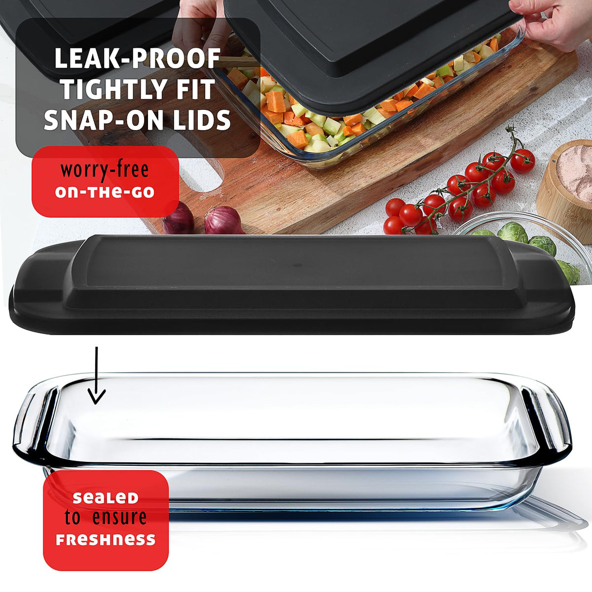 EATEX microwave-safe glass dishes for quick reheating.